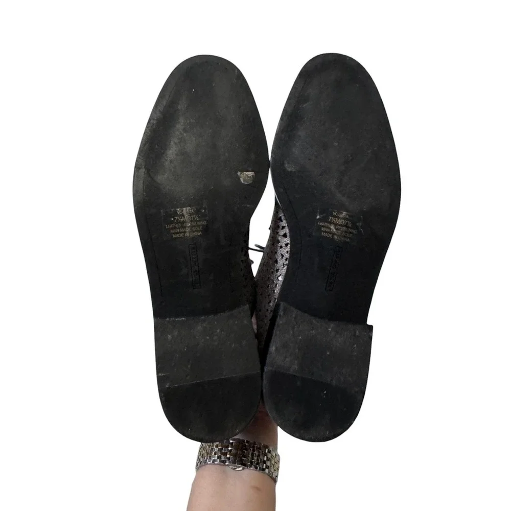 Vince Camuto Metallic Pewter Perforated Leather Studded Oxfords Shoes Womens